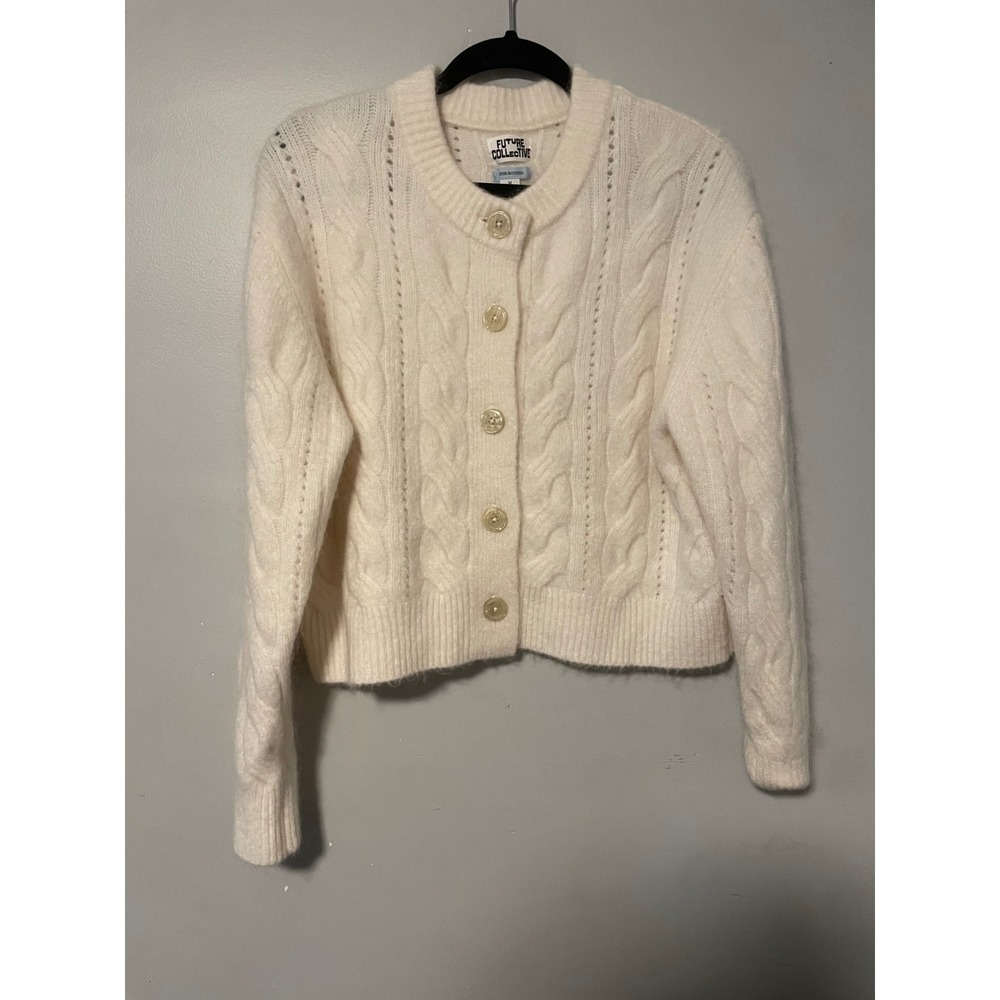 Future Collective Reese Blutstein Ivory Cable Knit Cardigan Sweater Cream Sz M
